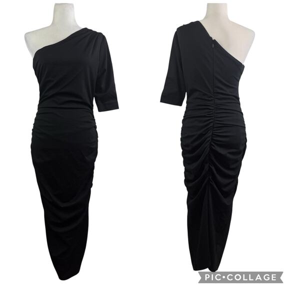 Alieva New Dolly Black Ruched Maxi Dress Large One Shoulder Bodycon Gothic Party - Picture 1 of 13